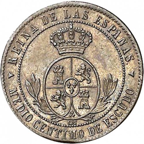 half Céntimo Escudo Reverse Image minted in SPAIN in 1868OM (1865-68  -  ISABEL II - 2nd Decimal Coinage)  - The Coin Database