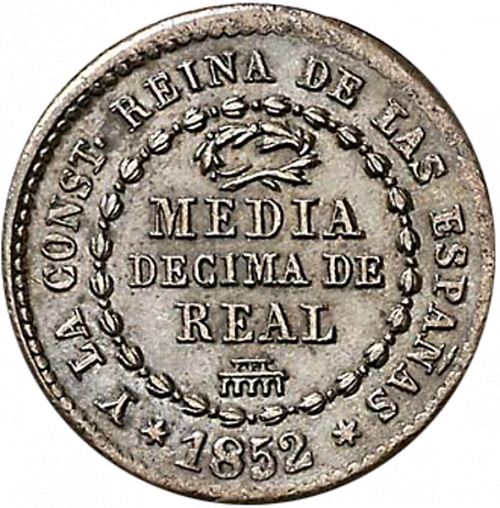 half Decimal Reverse Image minted in SPAIN in 1852 (1849-64  -  ISABEL II - Decimal Coinage)  - The Coin Database