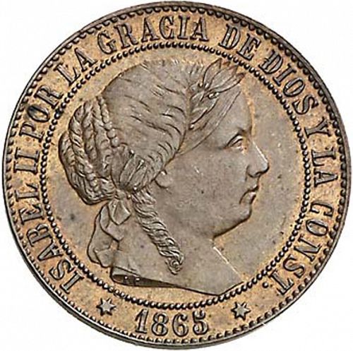 1 Céntimo Escudo Obverse Image minted in SPAIN in 1865 (1865-68  -  ISABEL II - 2nd Decimal Coinage)  - The Coin Database