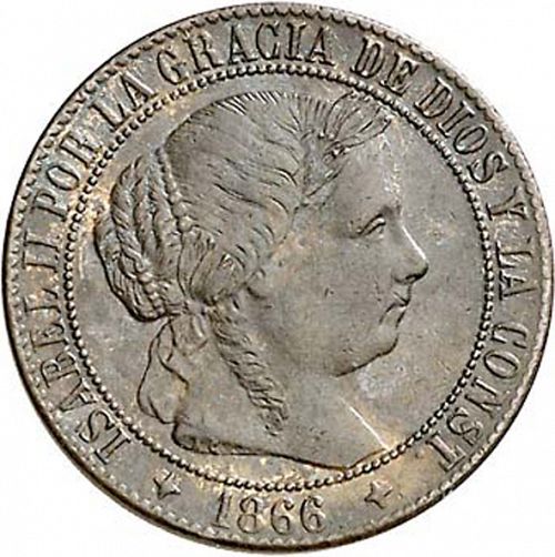 1 Céntimo Escudo Obverse Image minted in SPAIN in 1866OM (1865-68  -  ISABEL II - 2nd Decimal Coinage)  - The Coin Database