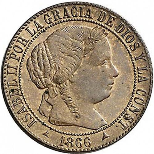 1 Céntimo Escudo Obverse Image minted in SPAIN in 1866OM (1865-68  -  ISABEL II - 2nd Decimal Coinage)  - The Coin Database