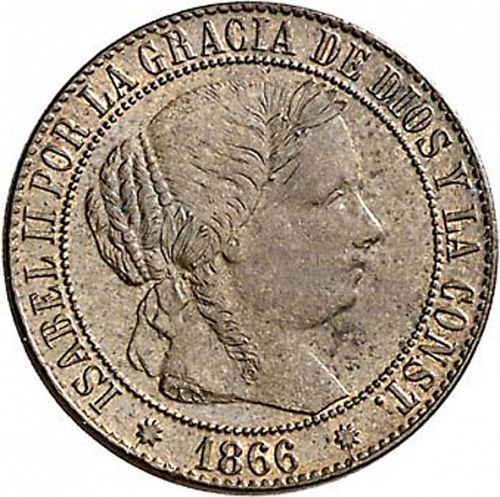 1 Céntimo Escudo Obverse Image minted in SPAIN in 1866 (1865-68  -  ISABEL II - 2nd Decimal Coinage)  - The Coin Database