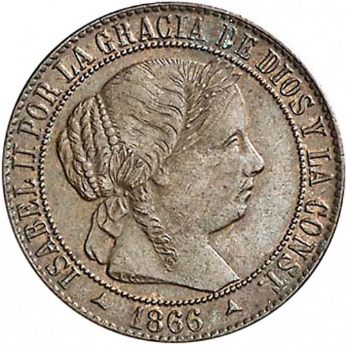 1 Céntimo Escudo Obverse Image minted in SPAIN in 1866 (1865-68  -  ISABEL II - 2nd Decimal Coinage)  - The Coin Database
