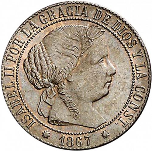 1 Céntimo Escudo Obverse Image minted in SPAIN in 1867OM (1865-68  -  ISABEL II - 2nd Decimal Coinage)  - The Coin Database