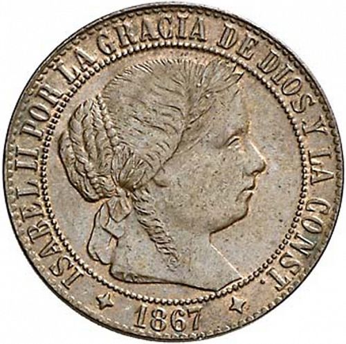 1 Céntimo Escudo Obverse Image minted in SPAIN in 1867OM (1865-68  -  ISABEL II - 2nd Decimal Coinage)  - The Coin Database