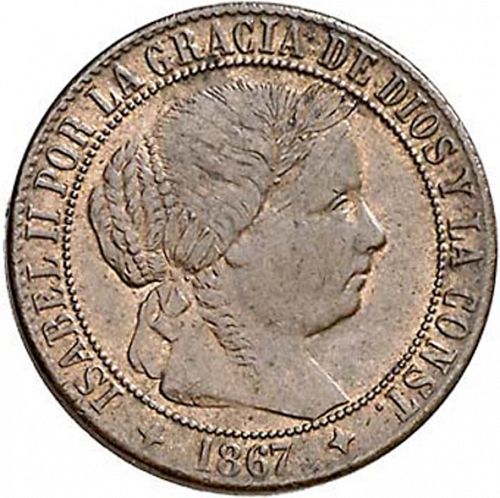 1 Céntimo Escudo Obverse Image minted in SPAIN in 1867OM (1865-68  -  ISABEL II - 2nd Decimal Coinage)  - The Coin Database