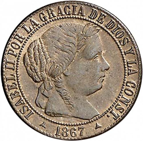 1 Céntimo Escudo Obverse Image minted in SPAIN in 1867OM (1865-68  -  ISABEL II - 2nd Decimal Coinage)  - The Coin Database