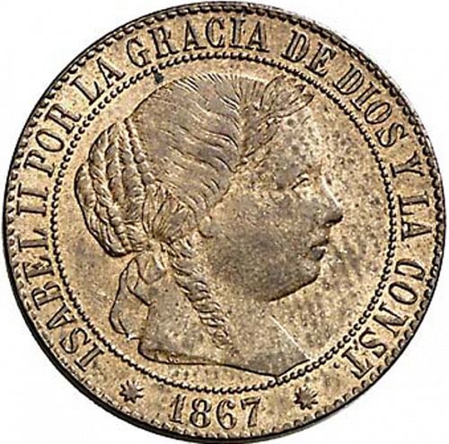 1 Céntimo Escudo Obverse Image minted in SPAIN in 1867 (1865-68  -  ISABEL II - 2nd Decimal Coinage)  - The Coin Database