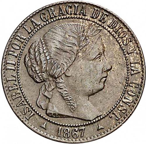 1 Céntimo Escudo Obverse Image minted in SPAIN in 1867 (1865-68  -  ISABEL II - 2nd Decimal Coinage)  - The Coin Database