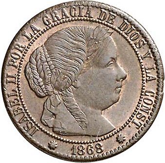 1 Céntimo Escudo Obverse Image minted in SPAIN in 1868OM (1865-68  -  ISABEL II - 2nd Decimal Coinage)  - The Coin Database