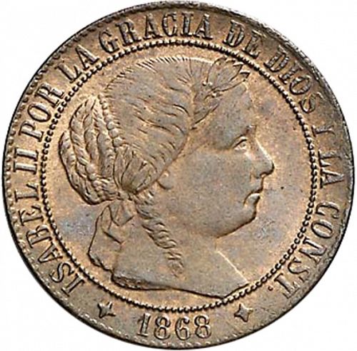 1 Céntimo Escudo Obverse Image minted in SPAIN in 1868OM (1865-68  -  ISABEL II - 2nd Decimal Coinage)  - The Coin Database