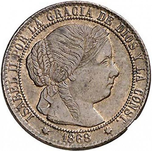 1 Céntimo Escudo Obverse Image minted in SPAIN in 1868OM (1865-68  -  ISABEL II - 2nd Decimal Coinage)  - The Coin Database