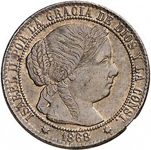 1 Céntimo Escudo Obverse Image minted in SPAIN in 1868OM (1865-68  -  ISABEL II - 2nd Decimal Coinage)  - The Coin Database