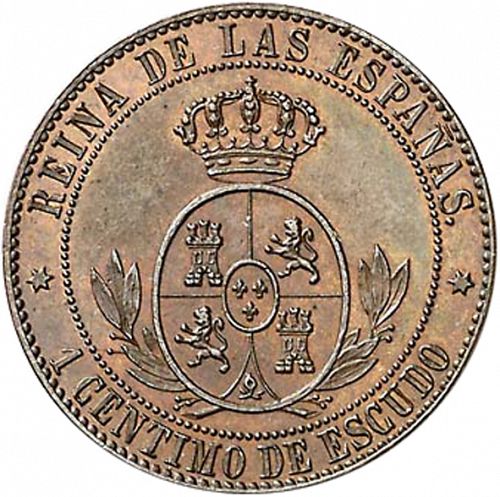 1 Céntimo Escudo Reverse Image minted in SPAIN in 1865 (1865-68  -  ISABEL II - 2nd Decimal Coinage)  - The Coin Database