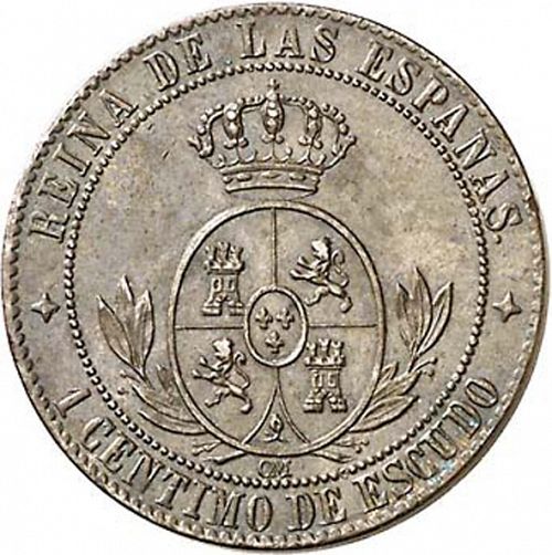 1 Céntimo Escudo Reverse Image minted in SPAIN in 1866OM (1865-68  -  ISABEL II - 2nd Decimal Coinage)  - The Coin Database