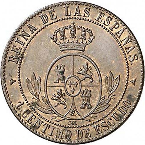 1 Céntimo Escudo Reverse Image minted in SPAIN in 1866OM (1865-68  -  ISABEL II - 2nd Decimal Coinage)  - The Coin Database