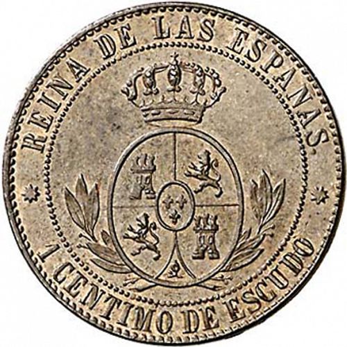 1 Céntimo Escudo Reverse Image minted in SPAIN in 1866 (1865-68  -  ISABEL II - 2nd Decimal Coinage)  - The Coin Database
