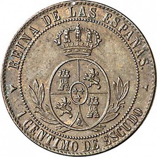 1 Céntimo Escudo Reverse Image minted in SPAIN in 1866 (1865-68  -  ISABEL II - 2nd Decimal Coinage)  - The Coin Database
