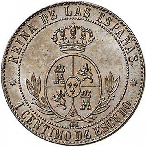 1 Céntimo Escudo Reverse Image minted in SPAIN in 1867OM (1865-68  -  ISABEL II - 2nd Decimal Coinage)  - The Coin Database