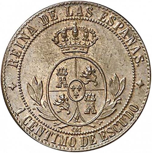 1 Céntimo Escudo Reverse Image minted in SPAIN in 1867OM (1865-68  -  ISABEL II - 2nd Decimal Coinage)  - The Coin Database