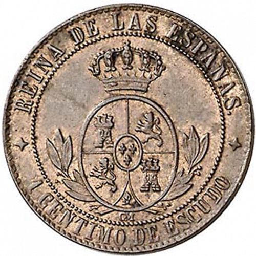 1 Céntimo Escudo Reverse Image minted in SPAIN in 1867OM (1865-68  -  ISABEL II - 2nd Decimal Coinage)  - The Coin Database