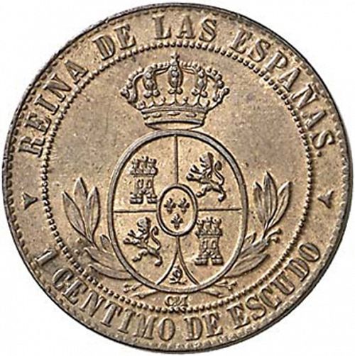 1 Céntimo Escudo Reverse Image minted in SPAIN in 1867OM (1865-68  -  ISABEL II - 2nd Decimal Coinage)  - The Coin Database