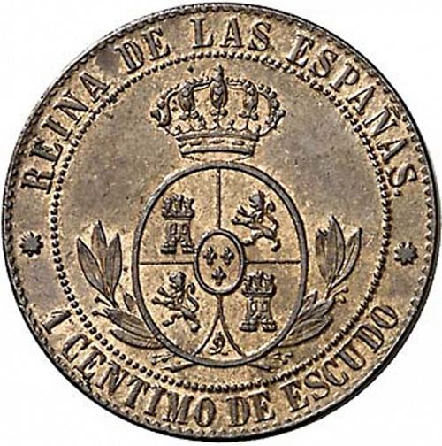 1 Céntimo Escudo Reverse Image minted in SPAIN in 1867 (1865-68  -  ISABEL II - 2nd Decimal Coinage)  - The Coin Database