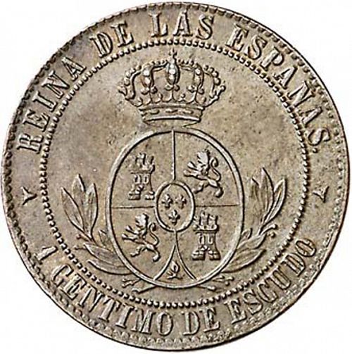 1 Céntimo Escudo Reverse Image minted in SPAIN in 1867 (1865-68  -  ISABEL II - 2nd Decimal Coinage)  - The Coin Database
