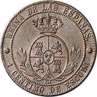 1 Céntimo Escudo Reverse Image minted in SPAIN in 1868OM (1865-68  -  ISABEL II - 2nd Decimal Coinage)  - The Coin Database