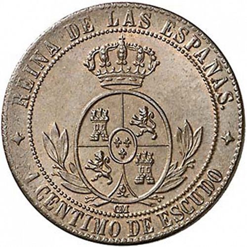 1 Céntimo Escudo Reverse Image minted in SPAIN in 1868OM (1865-68  -  ISABEL II - 2nd Decimal Coinage)  - The Coin Database