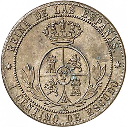 1 Céntimo Escudo Reverse Image minted in SPAIN in 1868OM (1865-68  -  ISABEL II - 2nd Decimal Coinage)  - The Coin Database