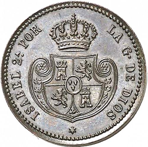 1 Décima Real Obverse Image minted in SPAIN in 1853 (1849-64  -  ISABEL II - Decimal Coinage)  - The Coin Database