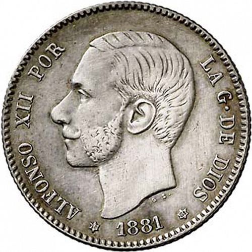 1 Peseta Obverse Image minted in SPAIN in 1881 / 81 (1874-85  -  ALFONSO XII)  - The Coin Database