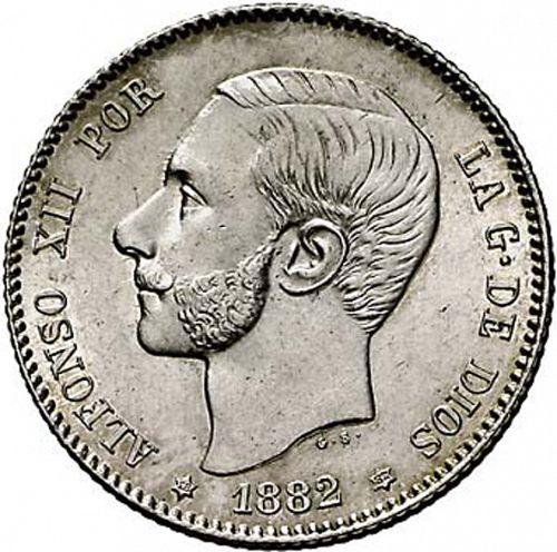 1 Peseta Obverse Image minted in SPAIN in 1882 / 82 (1874-85  -  ALFONSO XII)  - The Coin Database