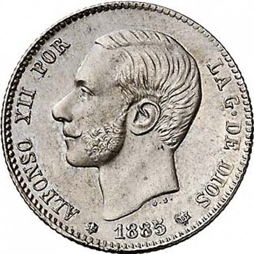 1 Peseta Obverse Image minted in SPAIN in 1885 / 85 (1874-85  -  ALFONSO XII)  - The Coin Database