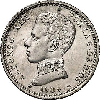 1 Peseta Obverse Image minted in SPAIN in 1904 / 04 (1886-31  -  ALFONSO XIII)  - The Coin Database