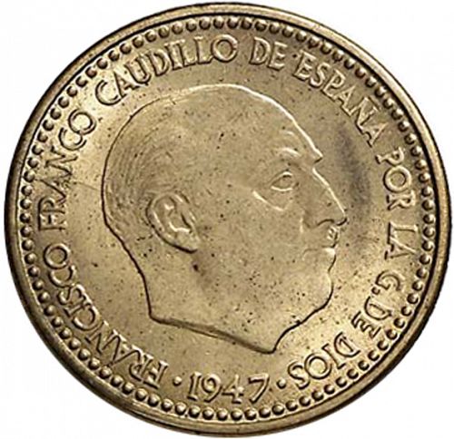 1 Peseta Obverse Image minted in SPAIN in 1947 / 54 (1936-75  -  NATIONALIST GOVERMENT)  - The Coin Database
