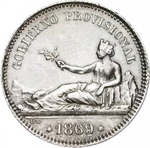 1 Peseta Obverse Image minted in SPAIN in 1869 / 69 (1868-70  -  PROVISIONAL GOVERNMENT)  - The Coin Database