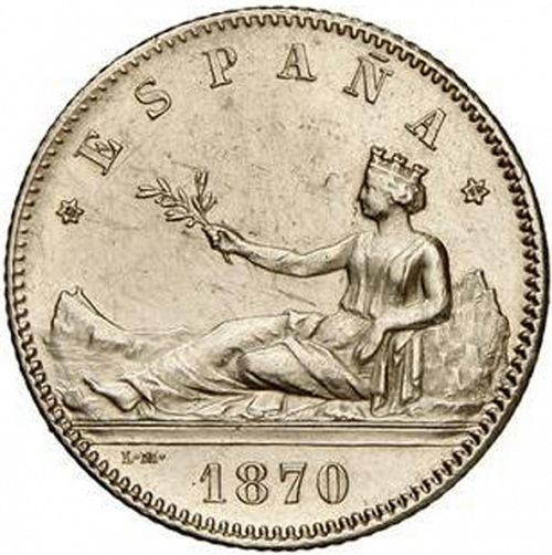1 Peseta Obverse Image minted in SPAIN in 1870 / 70 (1868-70  -  PROVISIONAL GOVERNMENT)  - The Coin Database