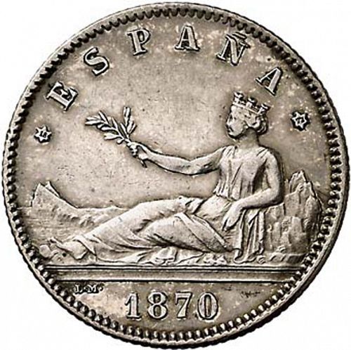 1 Peseta Obverse Image minted in SPAIN in 1870 / 73 (1868-70  -  PROVISIONAL GOVERNMENT)  - The Coin Database