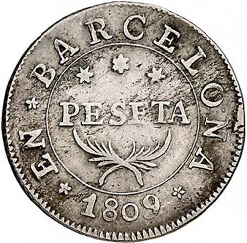 1 Peseta Reverse Image minted in SPAIN in 1809 (1808-13  -  JOSE NAPOLEON - Barcelona)  - The Coin Database