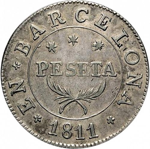 1 Peseta Reverse Image minted in SPAIN in 1811 (1808-13  -  JOSE NAPOLEON - Barcelona)  - The Coin Database