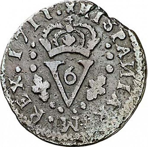 1 Seisenio Reverse Image minted in SPAIN in 1711F (1700-46  -  FELIPE V - Local Coinage)  - The Coin Database