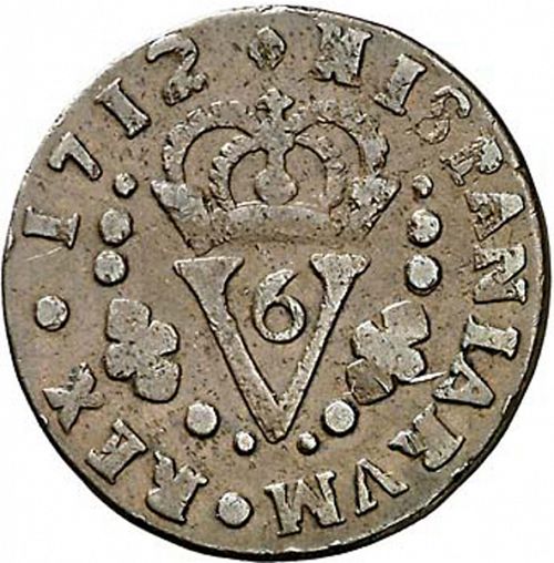1 Seisenio Reverse Image minted in SPAIN in 1712F (1700-46  -  FELIPE V - Local Coinage)  - The Coin Database