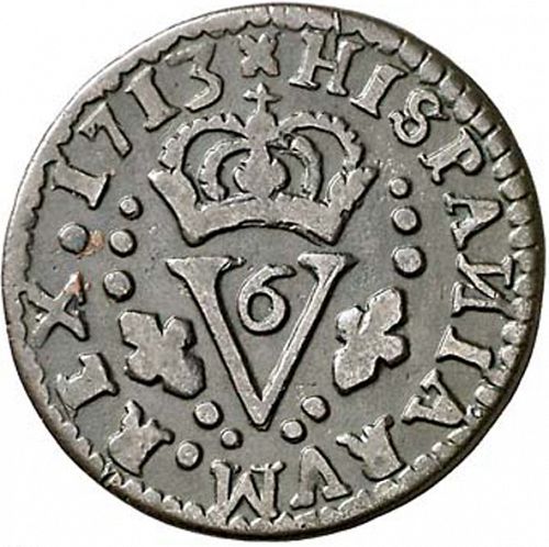 1 Seisenio Reverse Image minted in SPAIN in 1713F (1700-46  -  FELIPE V - Local Coinage)  - The Coin Database