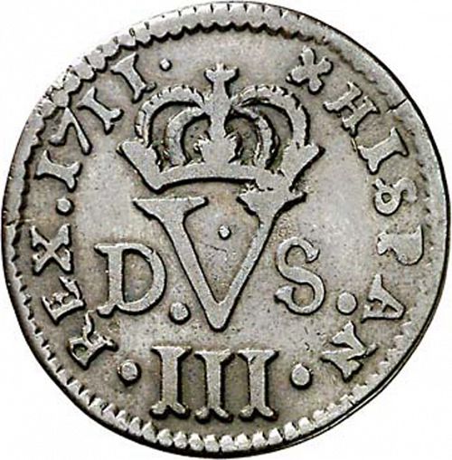 1 Treseta Reverse Image minted in SPAIN in 1711F (1700-46  -  FELIPE V - Local Coinage)  - The Coin Database