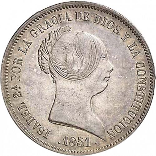 20 Reales Obverse Image minted in SPAIN in 1851 (1849-64  -  ISABEL II - Decimal Coinage)  - The Coin Database