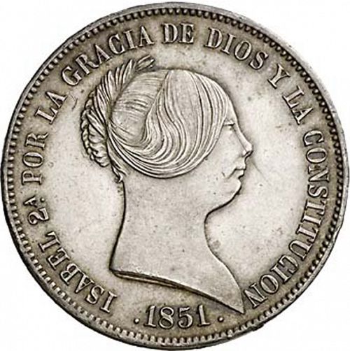 20 Reales Obverse Image minted in SPAIN in 1851 (1849-64  -  ISABEL II - Decimal Coinage)  - The Coin Database