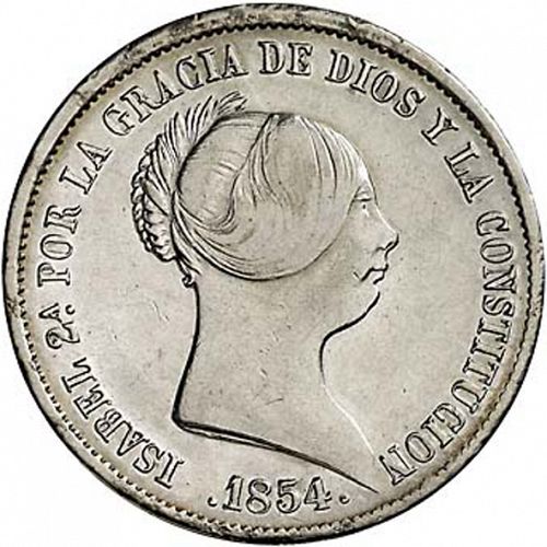 20 Reales Obverse Image minted in SPAIN in 1854 (1849-64  -  ISABEL II - Decimal Coinage)  - The Coin Database