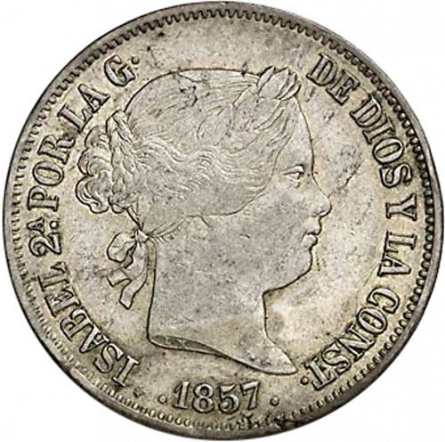 20 Reales Obverse Image minted in SPAIN in 1857 (1849-64  -  ISABEL II - Decimal Coinage)  - The Coin Database